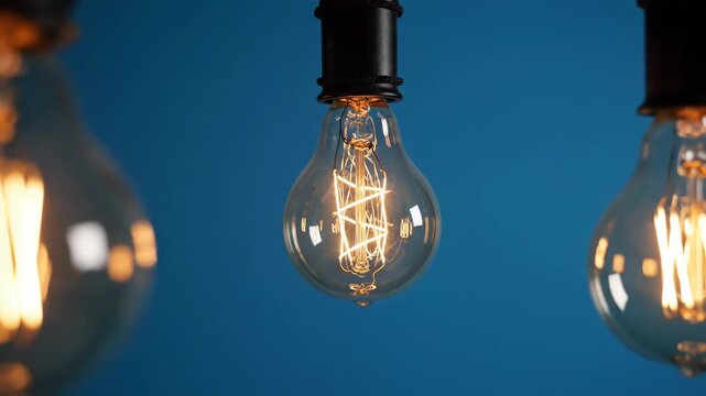 Close-up of three vintage Edison light bulbs with glowing orange filaments hanging against solid blue background. Central focus on lit glass bulb and industrial design.