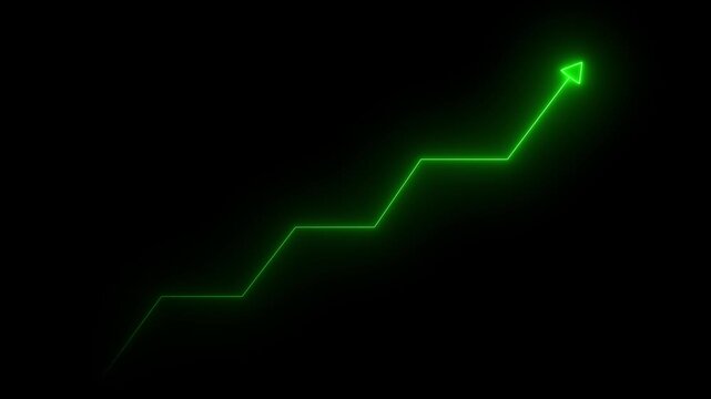 Glowing green neon downward graph with arrow indicating decline, loss, and negative trends on a dark, abstract background, perfect for conveying risk, crisis animation.Right up arrow icon 4k video.