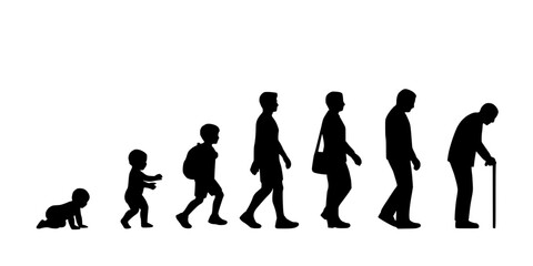 Obraz premium Human Life Stages Depicted in Silhouette From Baby to Elderly Person with Cane Featuring Toddler, Child, Adult with Progression
