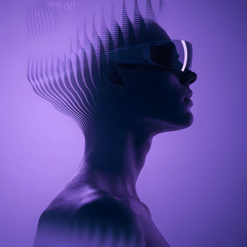 Futuristic woman profile silhouette with wave data hair design. Virtual reality and artificial intelligence concept. Female head wearing cyber glasses on purple background