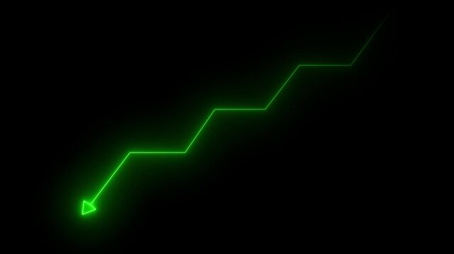 Glowing green neon downward trend arrow graph showing economic recession or stock market crash on black background.