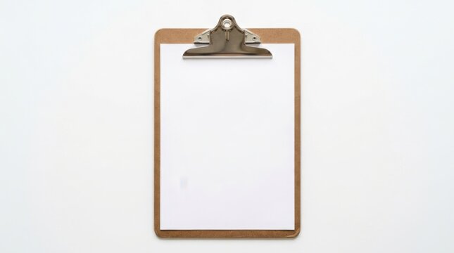 Empty brown wooden clipboard with a blank white sheet of paper attached for professional business notes and documents