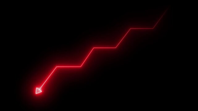 Glowing red neon downward trend arrow graph showing economic recession or stock market crash on black background.