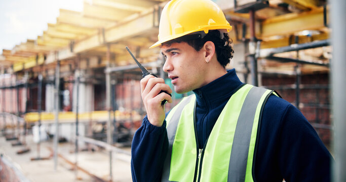 Radio, engineer and talk with man on construction site for building inspection, contact and feedback. Renovation update, communication and architect project with person for expansion and foreman