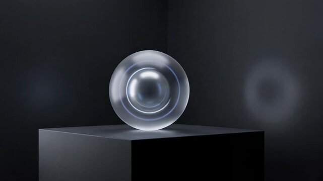 transparent glass sphere on black pedestal in modern minimalist setting