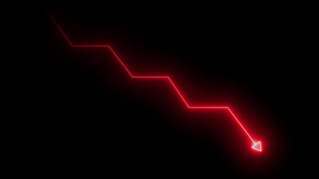 Glowing red neon downward trend arrow graph showing economic recession or stock market crash on black background.