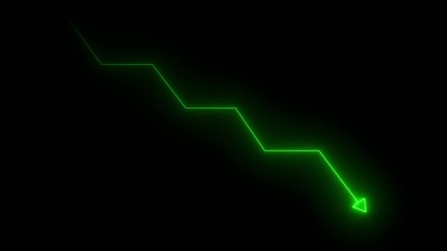 Glowing green neon downward trend arrow graph showing economic recession or stock market crash on black background.