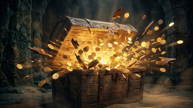 Ancient treasure chest exploding with gold coins. Magical golden coins flying into the air. Fantasy adventure concept for games. Glowing antique wooden chest full of rubies and wealth in cave.