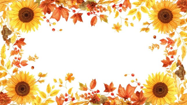 Hand painted autumn floral border with sunflowers with chrysanthemum illustration
