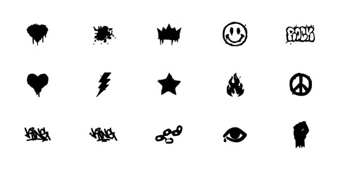 Obraz premium Symbols Featuring Graffiti-Style Icons Including Hearts, Peace Signs, and Flames in Black and White Featuring Lightning, Stars
