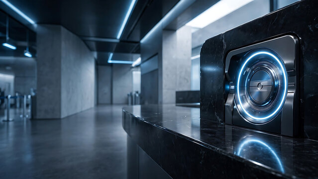 Futuristic biometric scanner with blue glowing light on a reception desk in a modern corporate building lobby