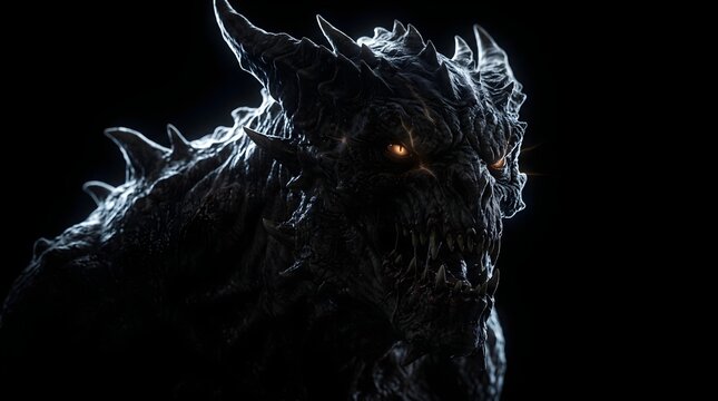 Sinister Dark Fantasy Demon Creature with Glowing Fiery Eyes Emerging from Shadowy Darkness for Halloween Horror Theme