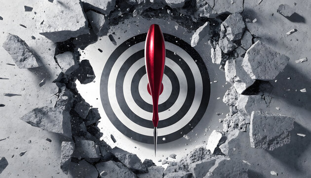 Red target arrow hitting center of cracked concrete bullseye. Business goal achievement and direct strategy success. Top view of precise hit concept with exploding stone debris