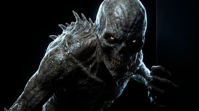 Scary demon monster emerging from darkness, Halloween horror concept art