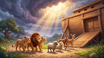 Cartoon lion pride sheep deer walking toward wooden ark, dramatic storm clouds sunbeam. Noah's ark storybook illustration © MatiyashKo