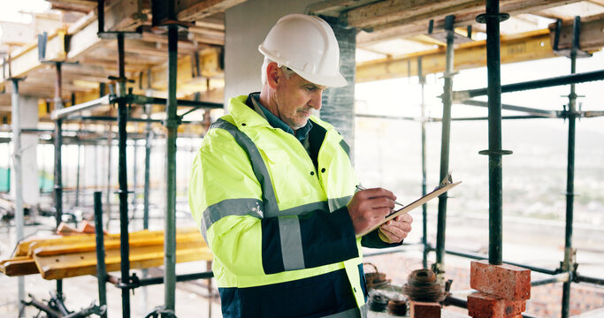 Man, inspection and writing on construction site with clipboard, quantity surveyor and verify invoice. Cost manager, mature person and building infrastructure with checklist, notes or review expenses
