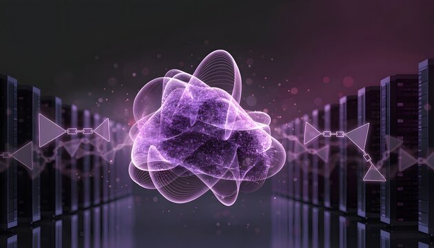 Abstract purple cloud particle node in dark data center corridor. Mainframe database server infrastructure and web hosting concept. Glowing network matrix floating between hardware racks