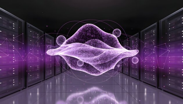 Abstract dynamic energy particle wave in server room alley. Neural network processing and artificial intelligence architecture concept. Purple fluid graphic floating among dark computer racks
