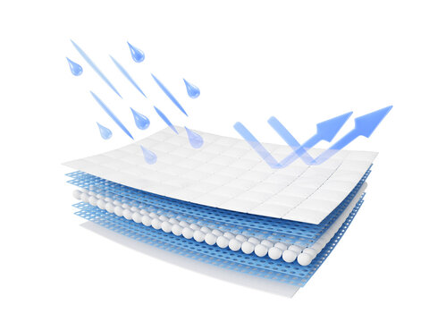 3D water resistant fabric icon render. Waterproof cloth with membrane, rain drops and up arrows on blue background. Gore tex, nylon or polyester, hydrophobic material layered effect