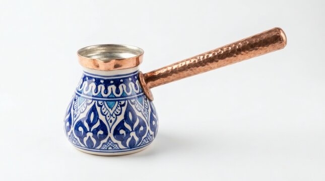 Traditional Turkish coffee pot with blue ceramic pattern, hammered copper handle cezve on white background, authentic middle eastern ibrik