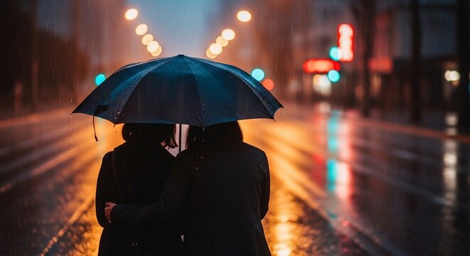 A romantic couple walking under an umbrella in the rain at night.