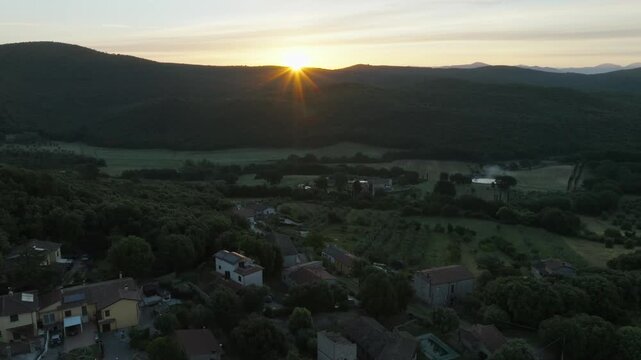 Aerial Sunrise Over Amelia Italy Near Umbria Quiet Countryside Village With Rolling Hills, Farmland and Morning Light