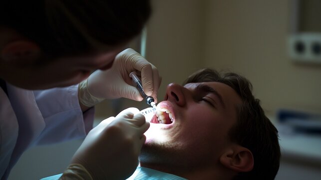 Close-up of a dentist's gloved hands administering a local anesthetic injection into a patient's gums under bright light