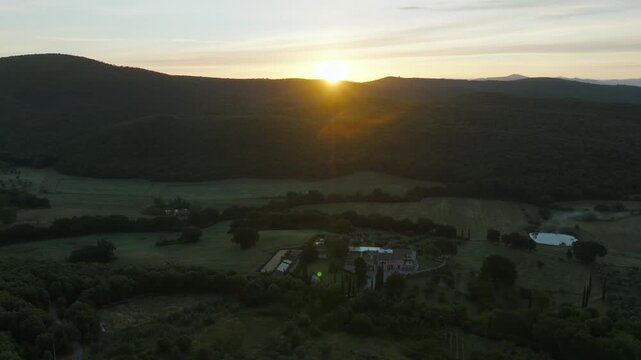 Aerial Sunrise Over Amelia Italy Near Umbria Quiet Countryside Village With Rolling Hills, Farmland and Morning Light