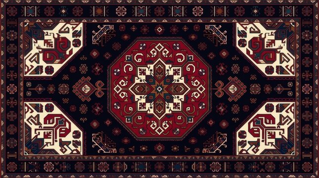 Traditional Persian rug pattern with intricate geometric motifs, vintage oriental carpet texture in burgundy and black, ornate ethnic textile design