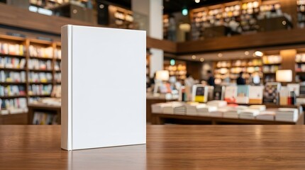 Fototapeta premium Blank book cover mockup on wooden table in bookstore for publishing and education concept