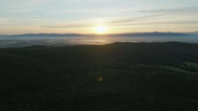 Aerial Sunrise Over Amelia Italy Near Umbria Quiet Countryside Village With Rolling Hills, Farmland and Morning Light