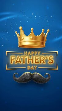Happy father's day greeting with a golden crown above a stylized black mustache on a rich blue background with glowing gold text and sparkling stars