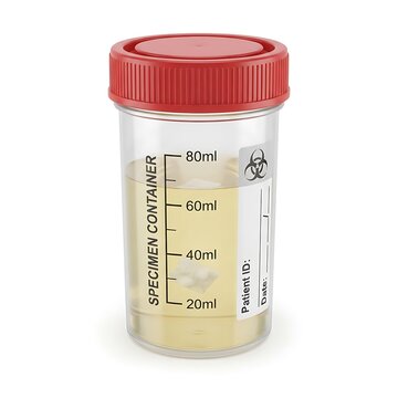 Medical urine specimen container. Sterile lab sample cup for clinical diagnostic testing.
