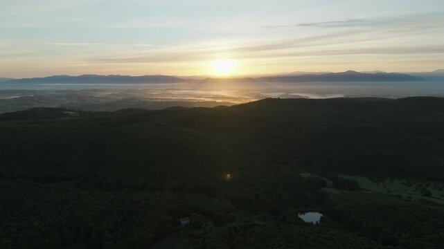Aerial Sunrise Over Amelia Italy Near Umbria Quiet Countryside Village With Rolling Hills, Farmland and Morning Light