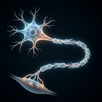 Post-Polio Syndrome: A depiction of an aging motor neuron that is overburdened and exhausting its capacity, symbolized by cracks and an over-stretched, translucent appearance in its structure. 