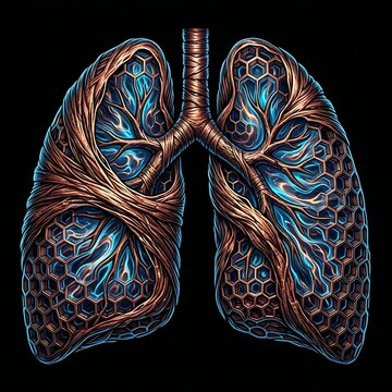 human lungs showing thick, stiffened scarred tissue and "honeycombing," symbolizing Pulmonary Fibrosis, iridescent fluid dynamics in a rigid crystalline pattern, copper and electric blue,