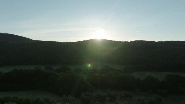 Aerial Sunrise Over Amelia Italy Near Umbria Quiet Countryside Village With Rolling Hills, Farmland and Morning Light
