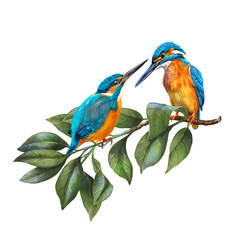 Obraz premium Two blue-red kingfishers is perched on a summer tree branch