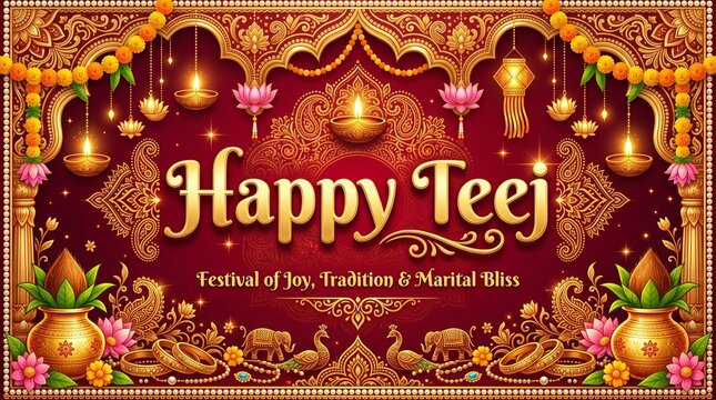 Happy Teej Wish Vector Background with Golden Mandap Frame, Oil Lamps, Kalash, Bangles, Lotus, Marigold Flowers, and Traditional Indian Paisley Patterns