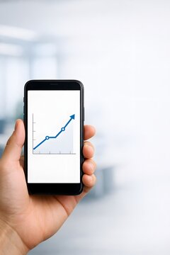 Hand holding smartphone with upward line graph in blurred office setting for business growth analysis