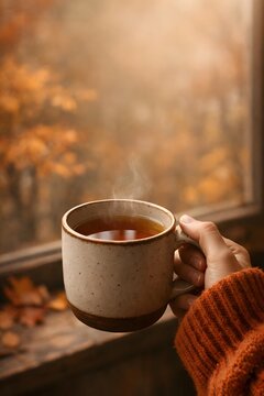 Warm ceramic tea mug held by hand with cozy autumn window view and muted orange tones