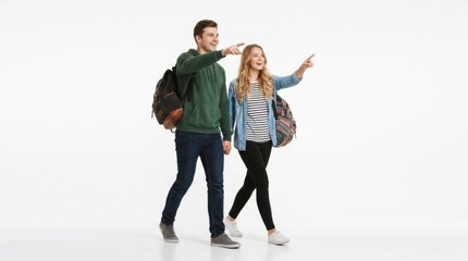 Fototapeta premium Happy young couple of students with backpacks walking together and pointing fingers forward isolated on white background