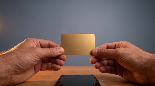 Hands holding blank gold credit card near smartphone on wooden desk, digital payment and mobile banking concept