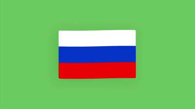 Animated cartoon formation and gentle waving loop of the Russian national flag with tricolor stripes on a green screen chroma key background