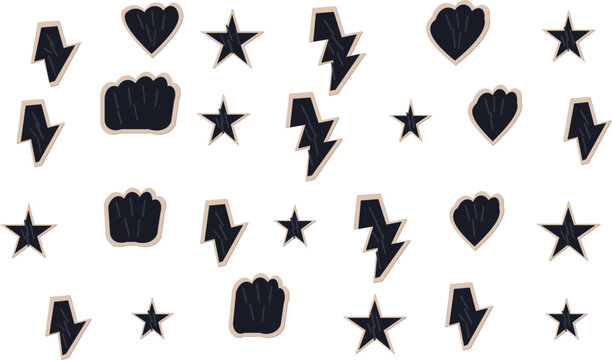 Black silhouette shape bundle set featuring stars lightning bolts and hearts for creative design projects and elements.