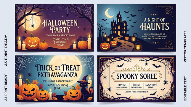 A set of Halloween event flyers and invitation cards featuring spooky designs, haunted houses, pumpkins, trick-or-treat themes, and editable text spaces.