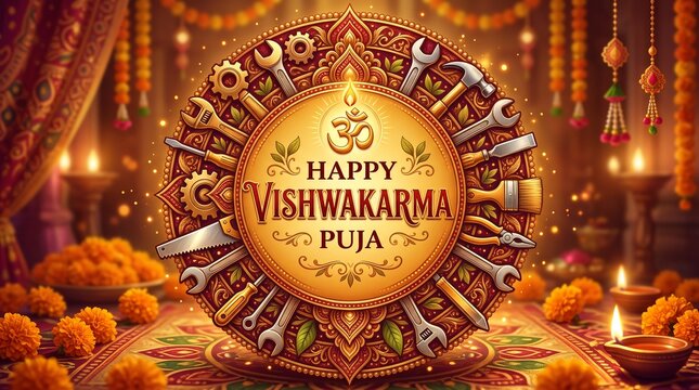 Happy Vishwakarma Puja Vector Banner with Tools, Om Symbol, Marigold Flowers, and Diya Background
