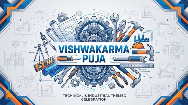 Happy Vishwakarma Puja Vector Illustration Banner for Technical, Industrial, Engineering, and Construction Celebration with Mechanical Tools, Gears, and Blueprints Background