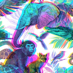 Fototapeta premium Multi exposure colorful jungle wildlife background. Environmental conservation concept art illustration. Sketch of elephant monkey and fox layered over plants