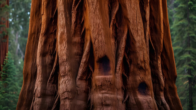 Giant Sequoia Tree Trunk Close-up, Textured Bark, Ancient Forest Background